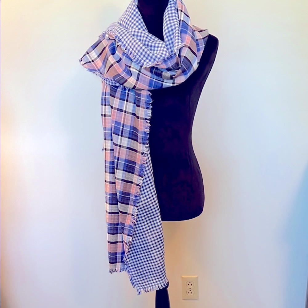 American Colors Plaid and Gingham Fringe Reversible Scarf in Blue and Pink
NWOT